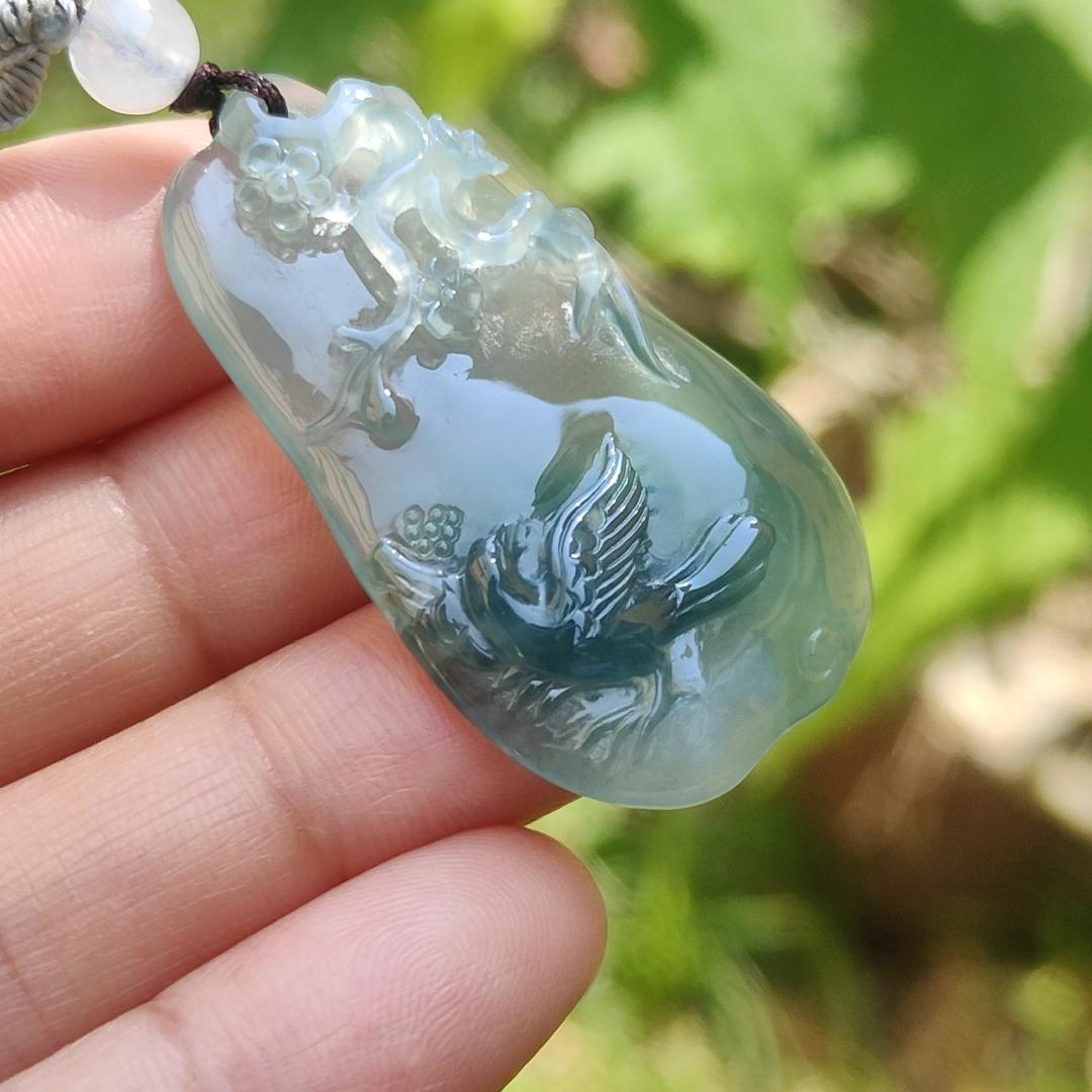 High Premium Quality Icy Green Natural Type A Jadeite Jade Pendant Necklace crafted with bird, flower and tree trunk, certificate included weigh 11.70 grams, measurement 40 * 23 * 6.3 mm (pendant187) Yi Pin Qian