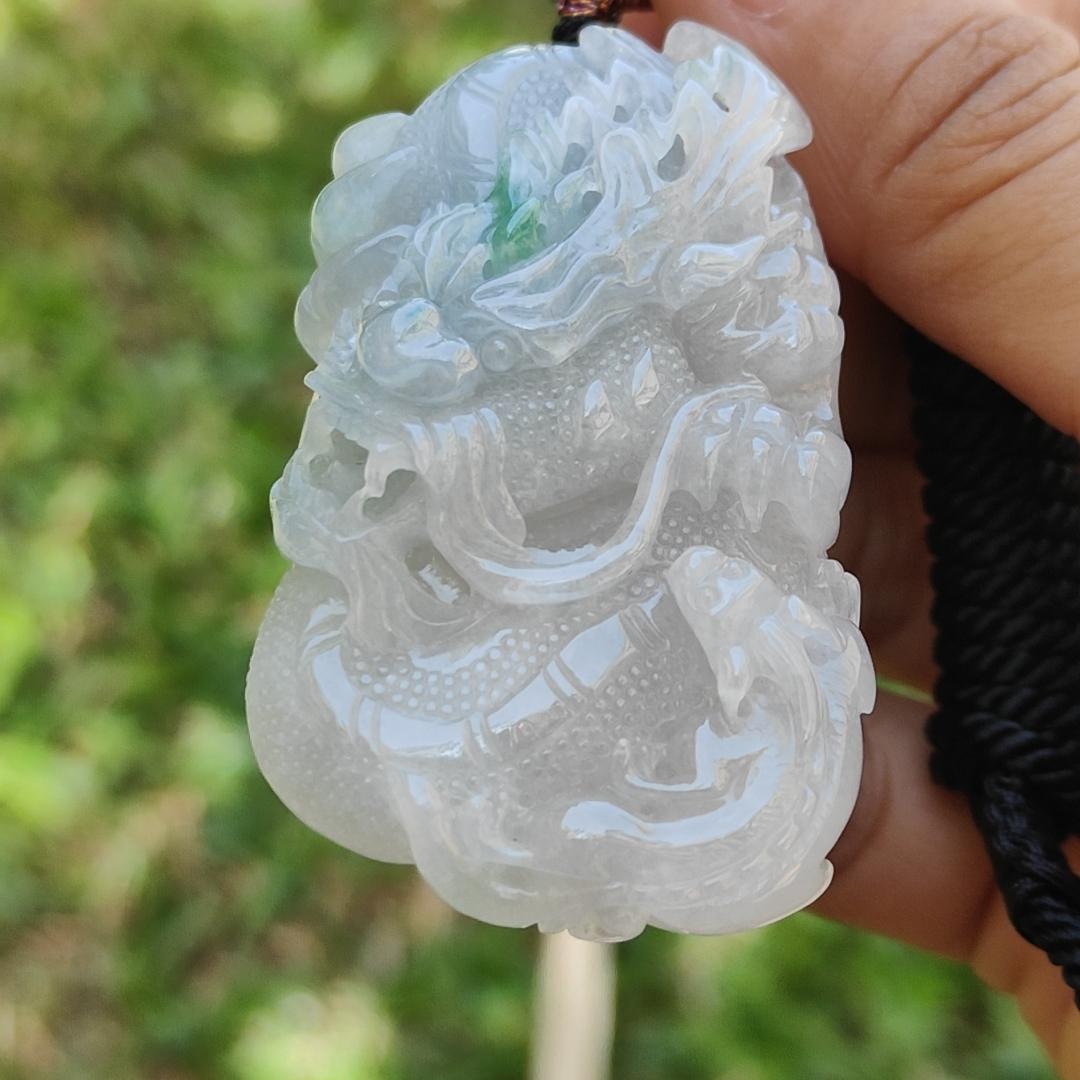 High Quality Semi Icy Translucent Light Green Light Lavender Natural Type A Jadeite Jade crafted with Dragon as Pendant, certificate weighs 35.24 grams, measurement 55.7 * 33.3 * 13.3 mm (pendant264) Yi Pin Qian