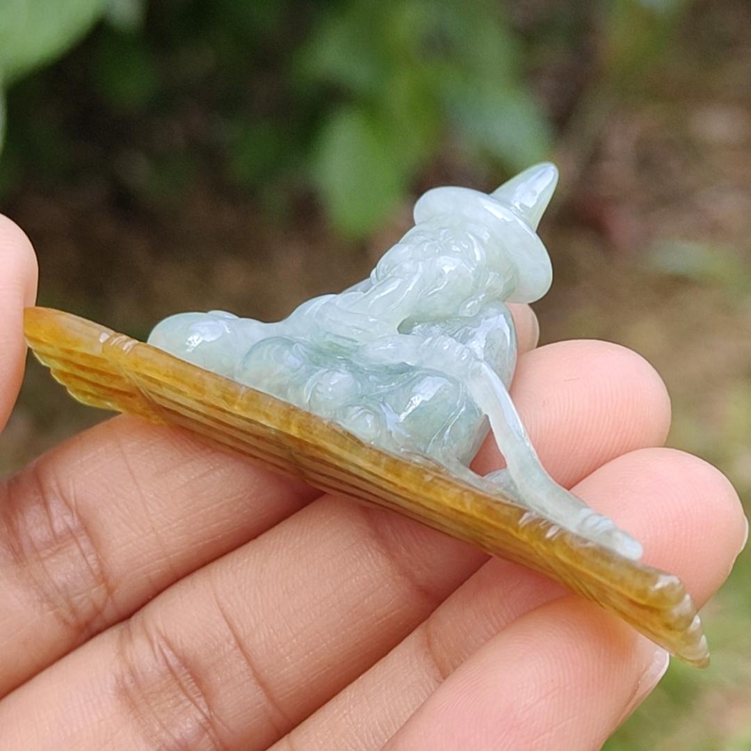 Light Green with Yellow Natural Type A Jadeite Jade crafted with Old Men Fishing as Display, certificate weighs 17.06 grams, measurement 65.2 * 32.8 * 12 (display1) Yi Pin Qian