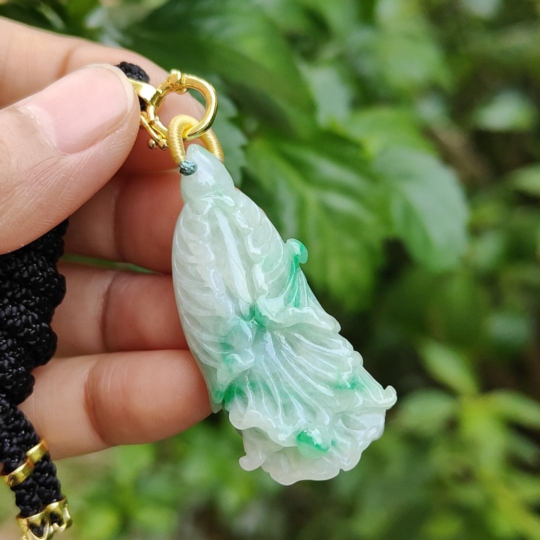Rare Translucent Near White with Green Patches Natural Type A Jadeite pendant with NGI Gemstone report weight 72.19 grams, 44.87 * 20.83 * 14.52 mm carved as cabbage, with Gravity at 3.33 fine grain crystal aggregate suitable for daily wear (pendant127) Yi Pin Qian