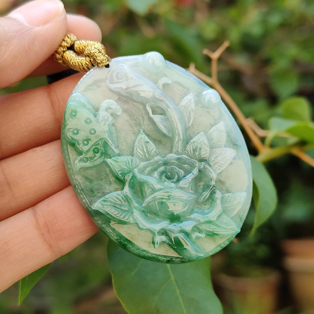 Green with green patches Natural Type A Jadeite Pendant carved with Butterfly and flowers represents Sweet Love with happy marriage, wealthy with flowers blooming and mutual love, certificate weigh 26.02 g, 49.3 * 40.6 * 6.8 mm (pendant84) Yi Pin Qian