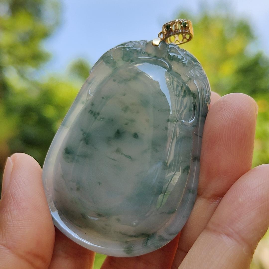 Double Dragon Floating Green Flower clouds 18k gold Natural Type A Jadeite pendant with NGI Gemstone report carved as wu shi pai weight 34.82 grams , 53.06 * 38.86 * 9.37 mm , Translucent Very Fine Grain with patches of bluish green (18kp3) Yi Pin Qian