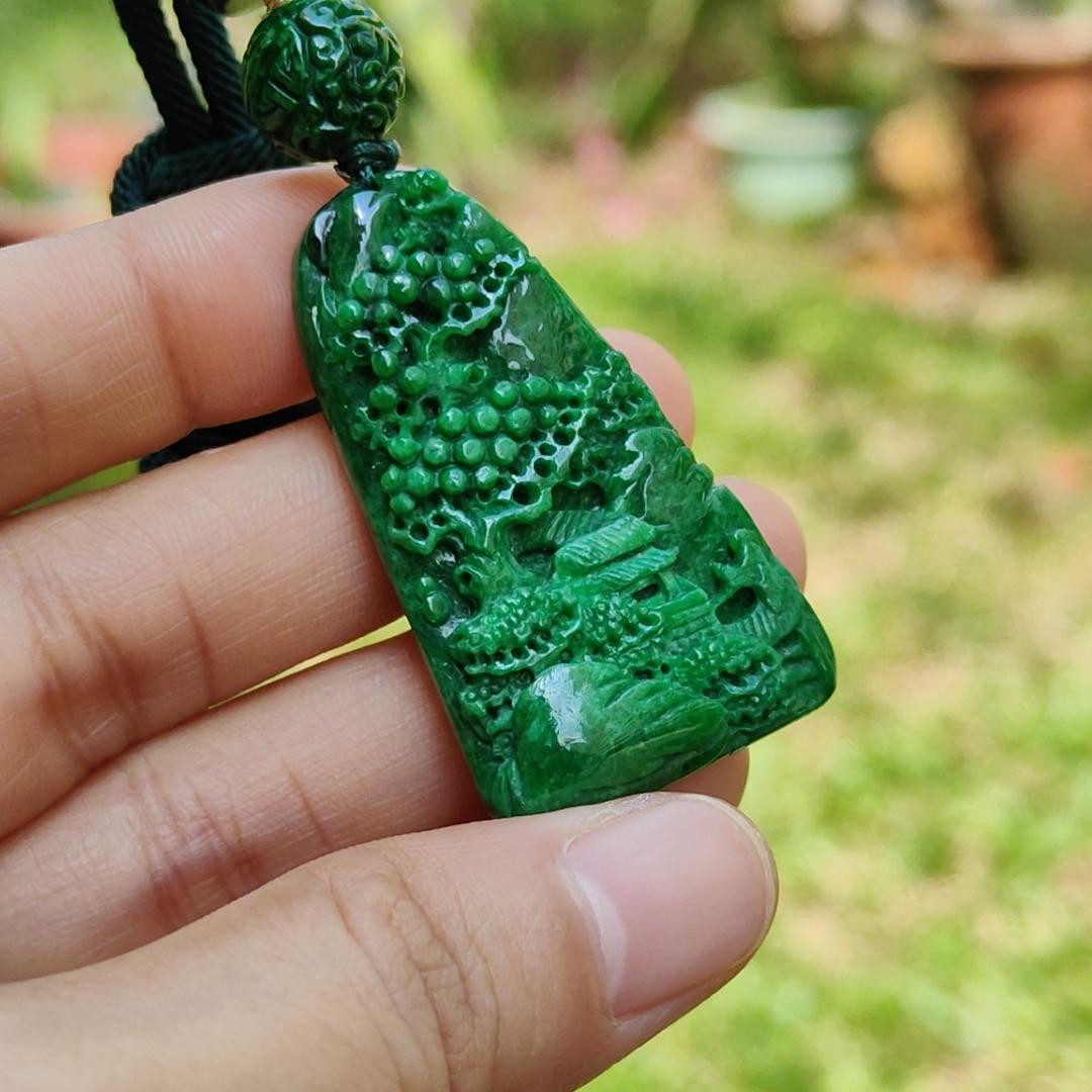 Dark Green Natural Type A Jadeite carved with scenery pendant with NGI Gemstone report weight 19.21 grams , 43.10 * 25.36 * 7.50 mm , Semi Translucent to opaque fine grain crystal aggregate - Good for daily wear pendant (pendant152) Yi Pin Qian