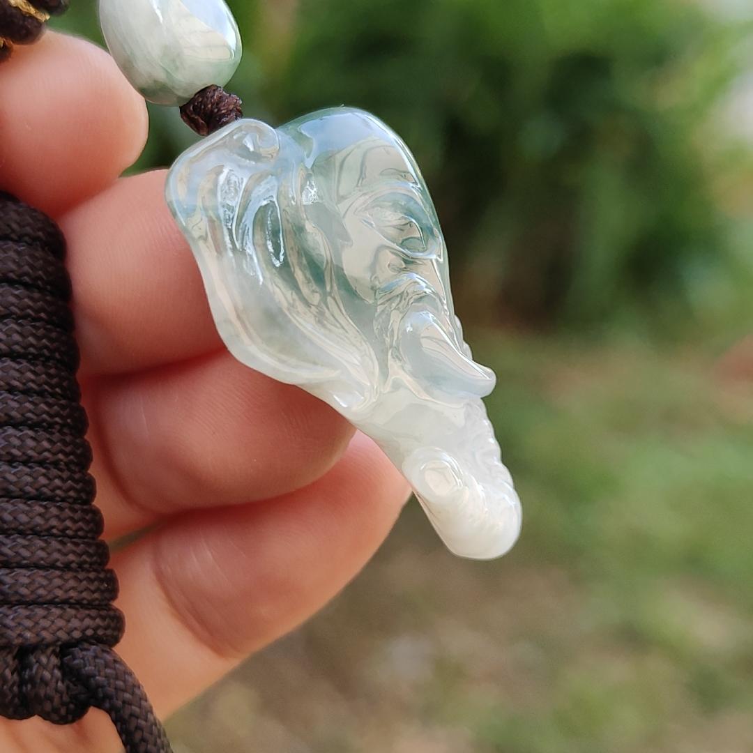 Very Rare Semi Icy Light Green Patches Natural Type A Jadeite Jade crafted with Elephant as Pendant, certificate weighs 8.63 grams, measurement 33 * 19.1 * 8.8 mm (pendant244) Yi Pin Qian