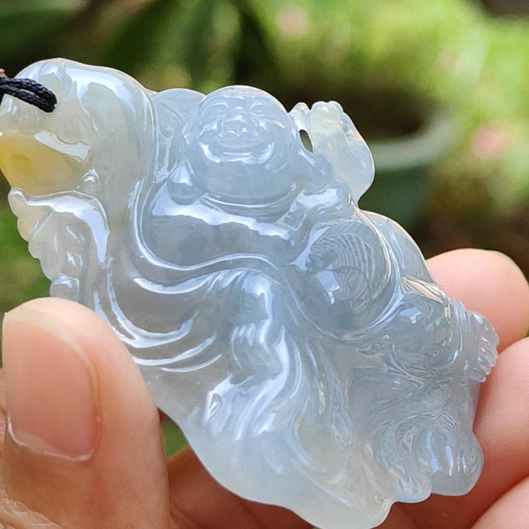 High Premium Light Lavender and Yellow Natural Type A Jadeite Jade crafted with Milo Buddha as Pendant, certificate weighs 49.13 grams, measurement 58.6 * 39.5 * 18.7 mm (pendant284) Yi Pin Qian