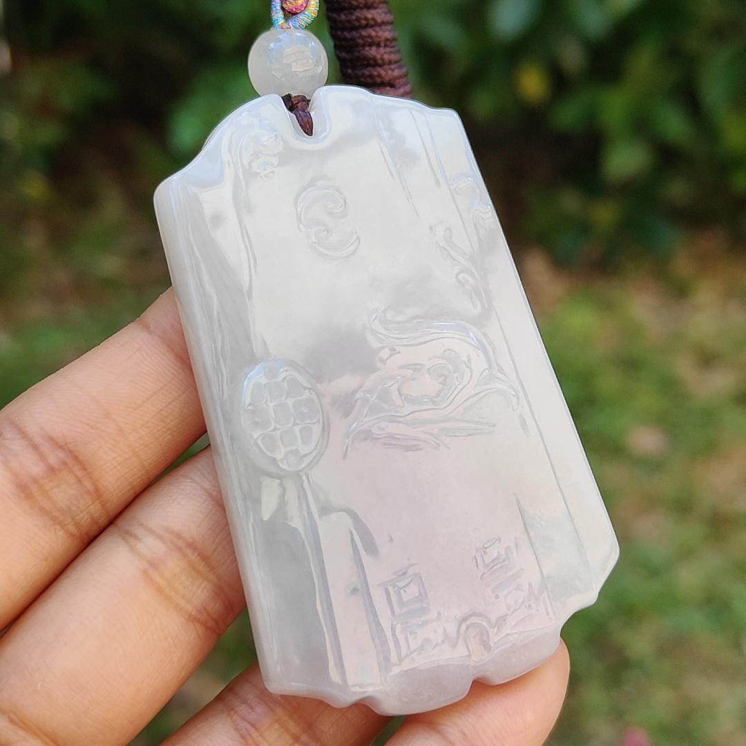 Hugh Light Lavender and Light Green Natural Type A Jadeite Pendant Necklace crafted as Chinese Old School Style pendant with chinese poem at the back, certificate included weigh 54.38 grams, 66.2 * 39.2 * 8.2 mm, collectible or daily wear (pendant38) Yi Pin Qian