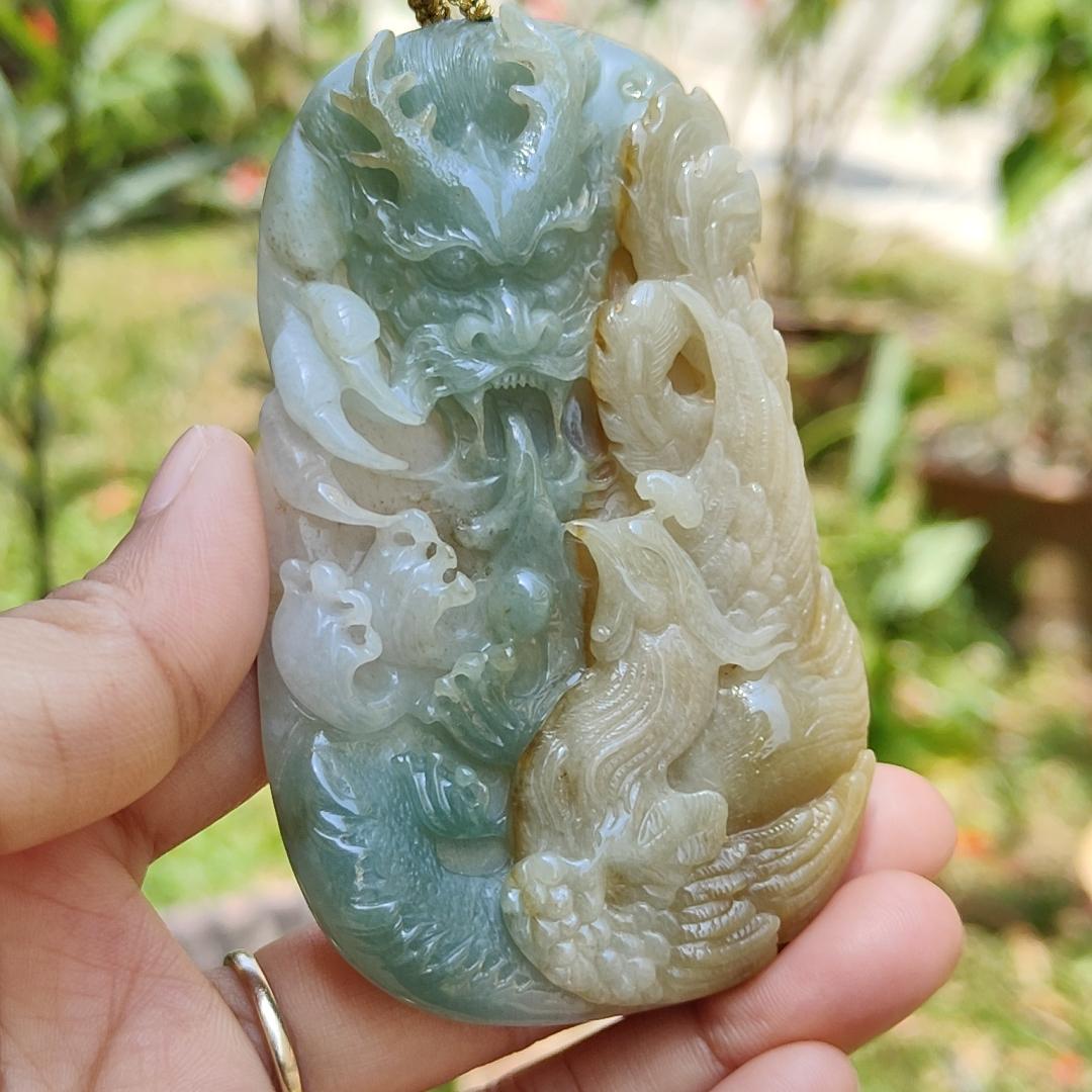 Light Green and Yellow Natural Type A Jadeite Jade Crafted with Dragon and Pheonix as Pendant, Certificate weigh 96.95 grams, measurement 90.2 * 55.7 * 11.5 mm (pendant222) Yi Pin Qian