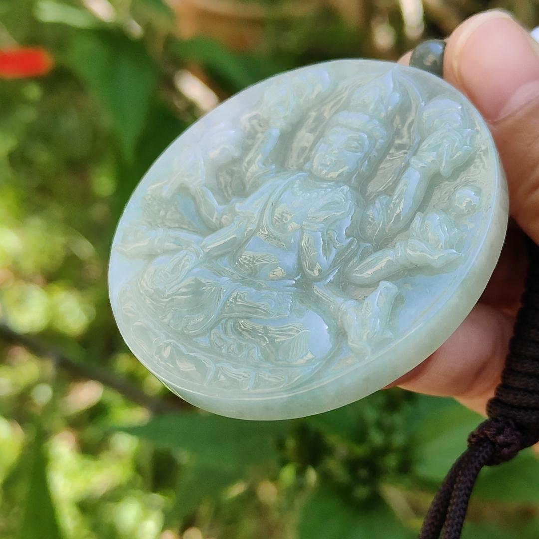 Light Green Natural Type A Jadeite Pendant Necklace crafted as Thousand Hands Guanyin with certificate weigh 48.82 grams, 57.6 * 57.6 * 7.2 mmsymbols of Eliminate obstacles and resolve all disasters, peace and auspiciousness for daily wear (pendant43) Yi Pin Qian
