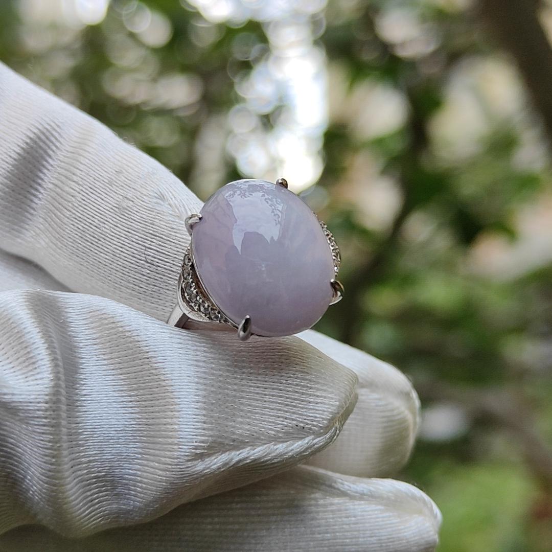 S925 Setting with Lavender Cabochon 15.6 * 12.3 * 5.2 mm Natural Type A Jadeite Jade Ring with certificate weigh 3.23 grams, finger size adjustable (s925ring4) Yi Pin Qian