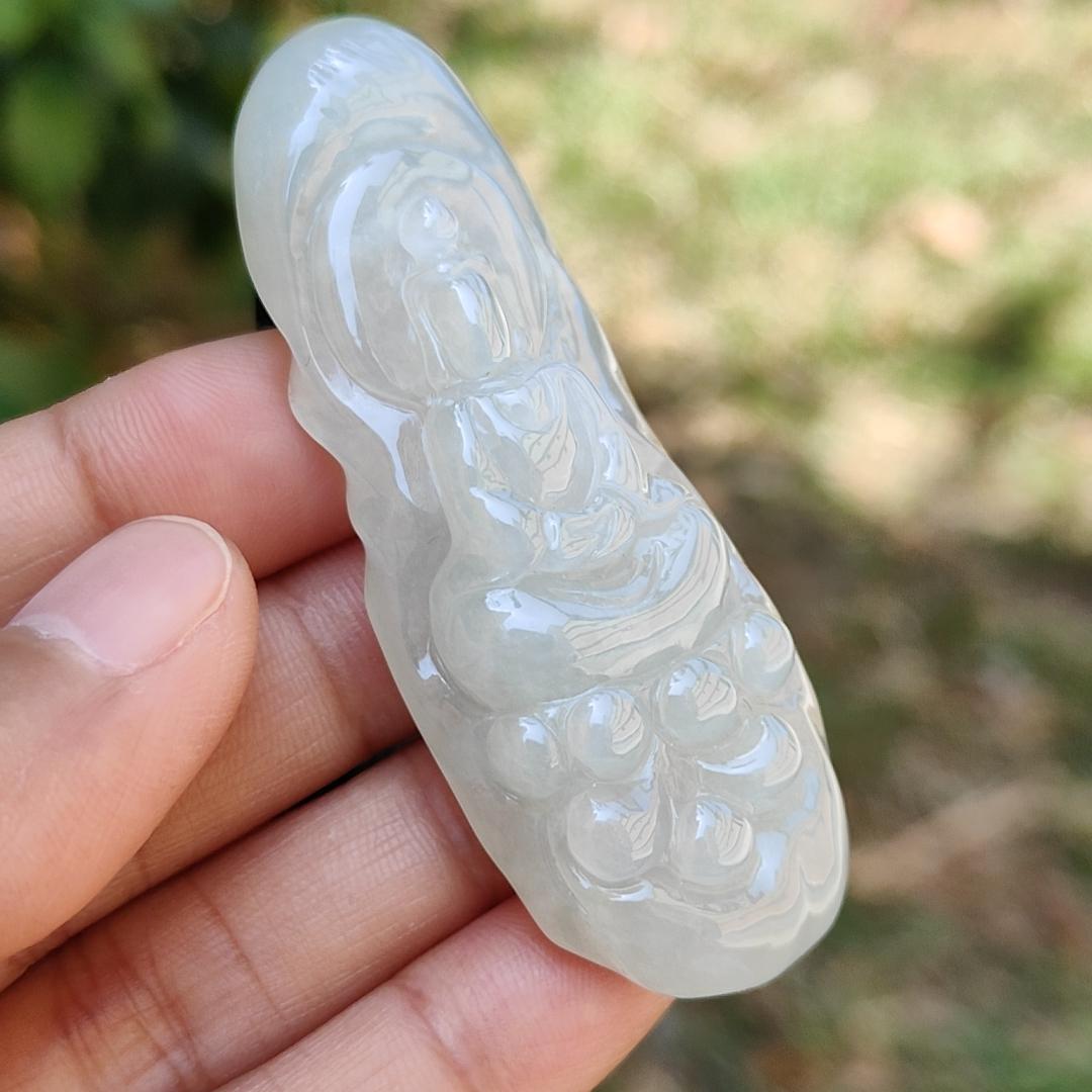 High Quality Light Green Hue Natural Type A Jadeite Jade crafted with Faceless Guanyin as Pendant, Certificate weighs 33.26 grams, measurement 63.8 * 23.6 * 12.2 mm (pendant237) Yi Pin Qian