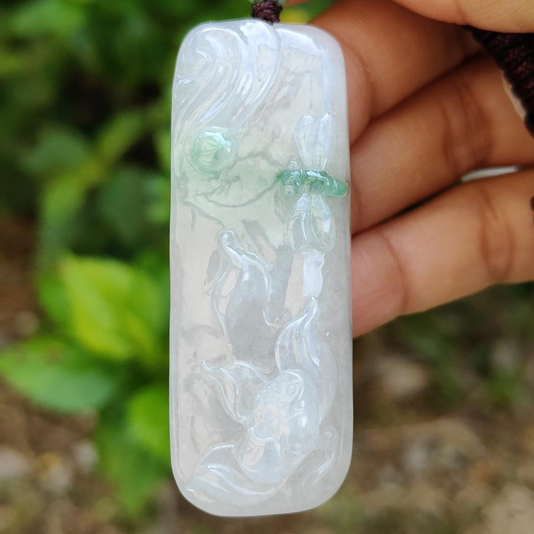 Line of Green Crafted with Very Refreshing Unique Rare Dragonfly with Flower Natural Type A Jadeite Pendant come with certificate weight 26.84 grams, 57.20 * 21.70 * 11.80 mm suitable for daily wear (pendant114) Yi Pin Qian