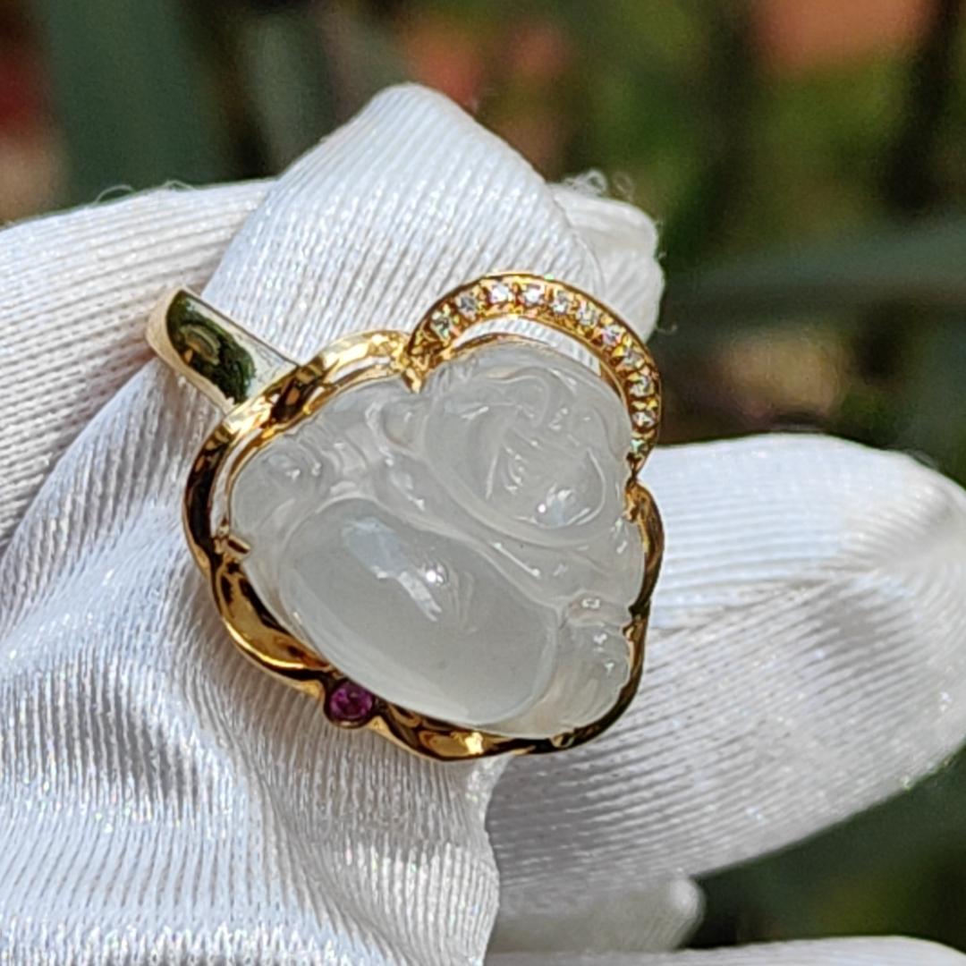 Premium Rare old pit Icy Natural Type A Jadeite Cabochon crafted as Laughing Buddha setting on G18K Gold as Ring with finger size 17.6mm, Certificate included weigh 3.23 grams, Jade measurement 12.8 * 14.8 * 4.1 mm (18kring5) Yi Pin Qian