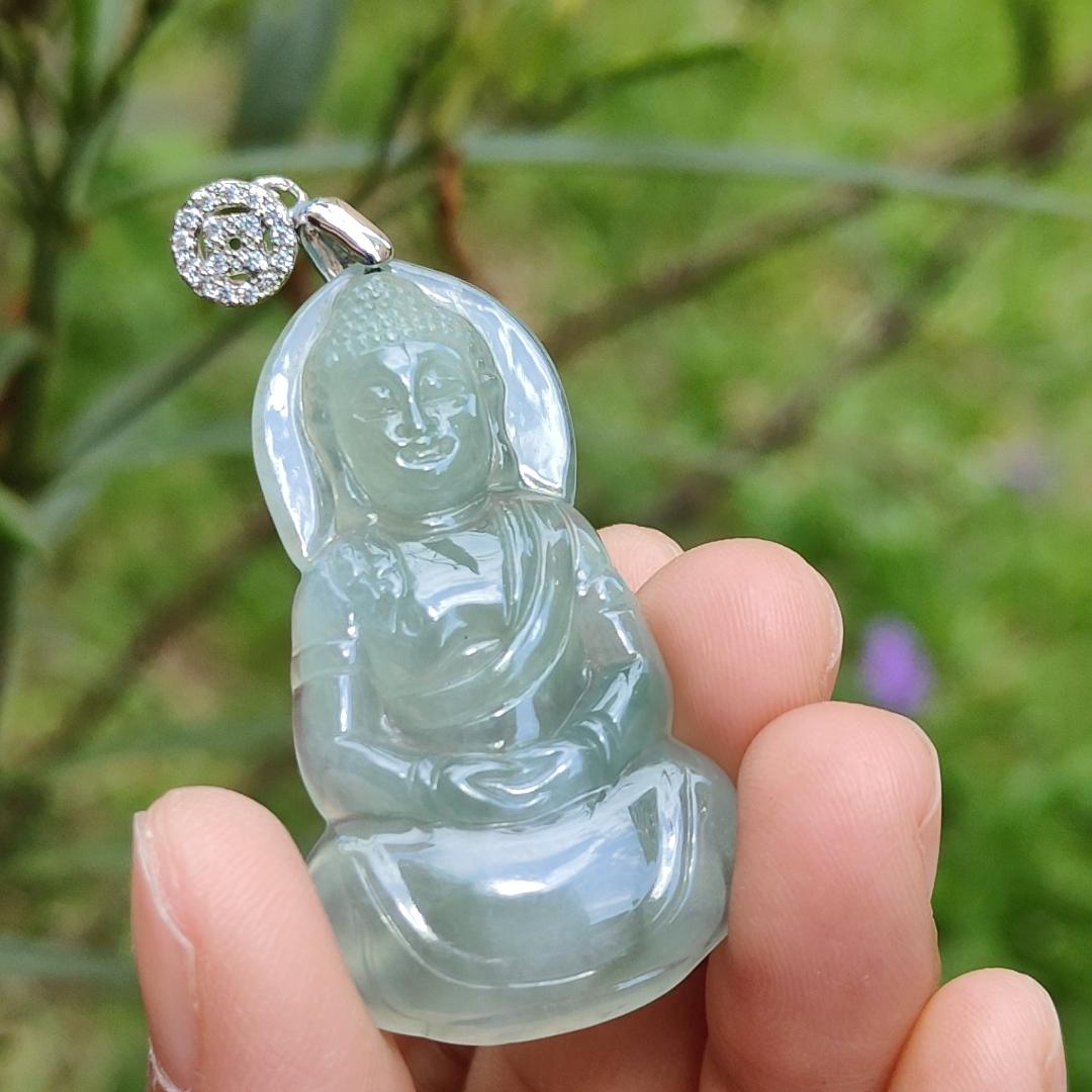 Premium Icy Good Translucency Green Hue Natural Type A Jadeite Pendant Necklace crafted as Buddha with certificate weigh 8.65 grams, 42.5 * 23.8 * 5.8 mm, collectible jadeite suitable for daily wear Yi Pin Qian