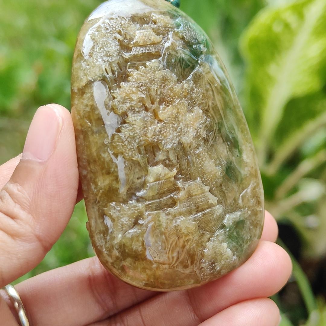 Hugh, Rare, High-Quality Brown with Light Green Natural Type A Jadeite Jade crafted with Sceneries as Pendant, certificate weighs 67.2 * 43.3 * 19.3 mm (pendant266) Yi Pin Qian