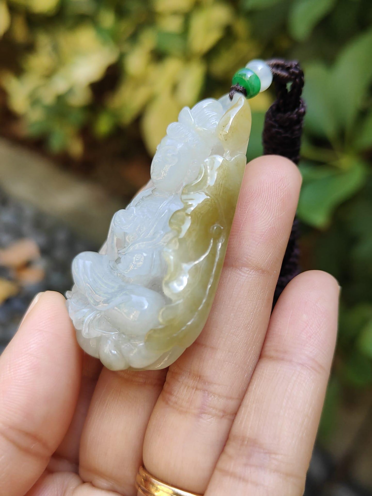 Crafted as Guanyin with Yellow Natural Type A Jadeite Jade Pendant Necklace, certificate weighs 36.58 grams, measurement 53.5 * 36.9 * 12 mm (pendant310) Yi Pin Qian Jadeites Jade Jewelry ~Your Precious Quintessential ~ Singapore
