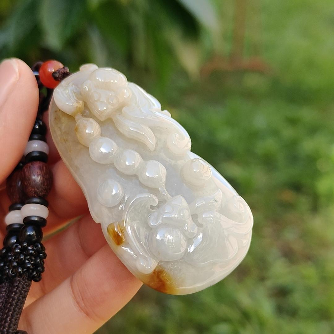 Another Excellent Old Collection with Yellow and Green Natural Type A Jadeite Jade Pendant Necklace crafted as Gourd with two bats with certificate weigh 34.42 grams, 55.5 * 29.5 * 12.3 mm (pendant173) Yi Pin Qian