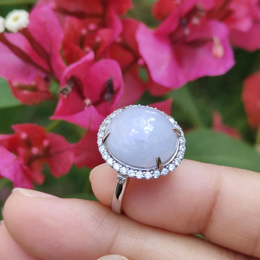 Lavender Cabochon set on S925 Silver adjustable ring Natural Type A Jadeite with QIC Labs approved certificate included weigh 3.99 grams, 13.8 * 12.3 * 5.7 mm suitable for all occasions (s925ring1) Yi Pin Qian