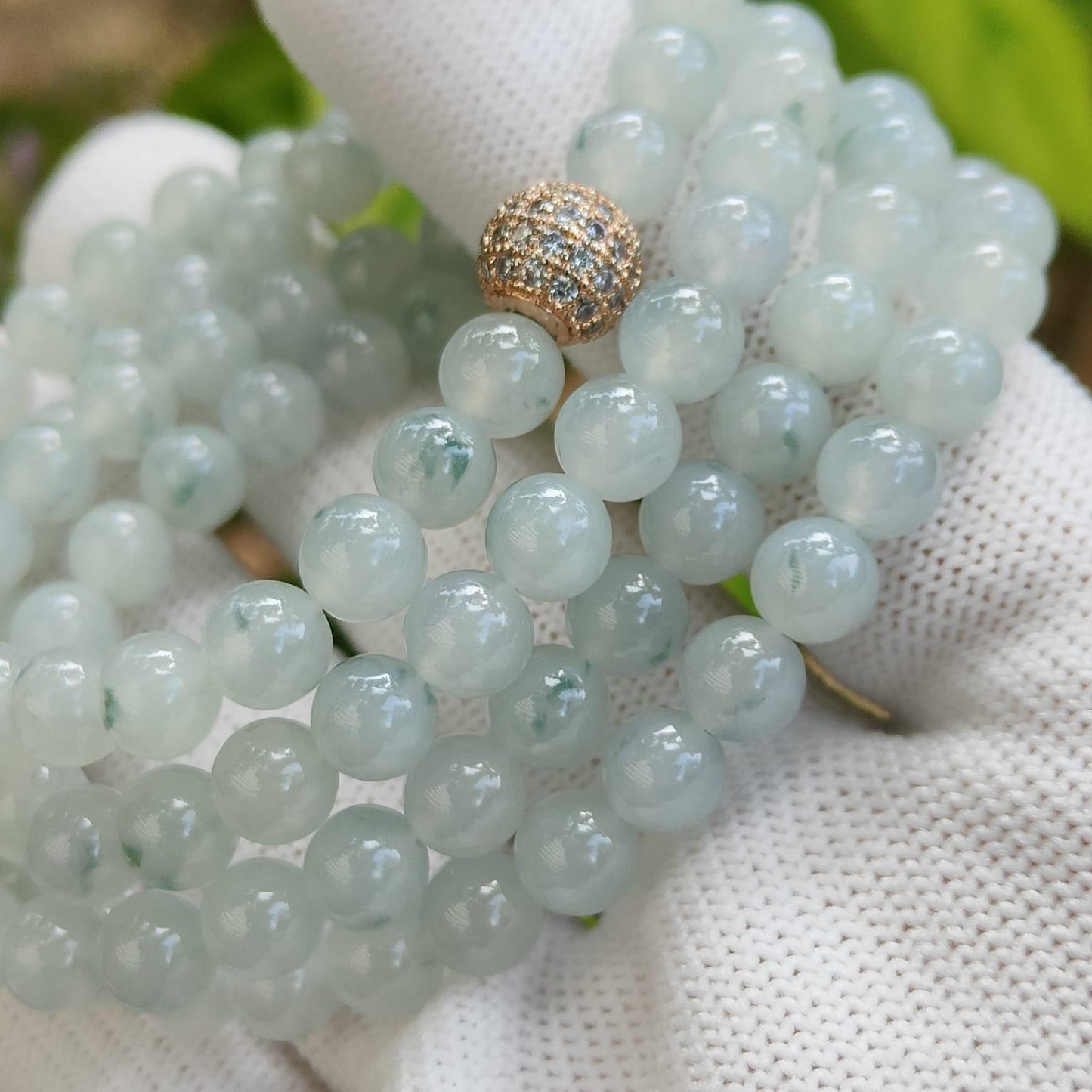 108 beads 6.5mm crafted on High Quality Green Patches Natural Type A Jadeite Jade as Necklace or Bracelet certificate weighs 50.86 grams (bracelet32) Yi Pin Qian Jadeites Jade Jewelry ~Your Precious Quintessential ~ Singapore
