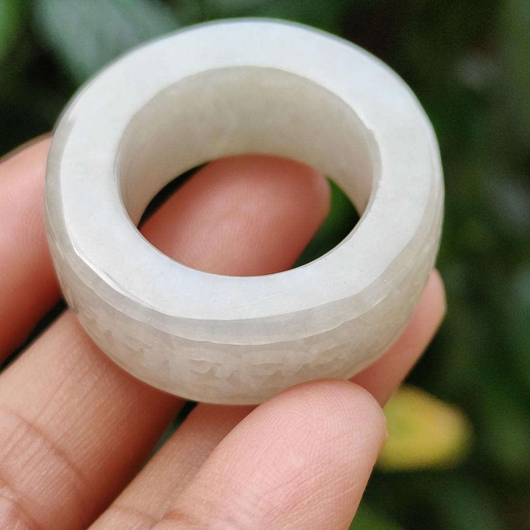 Quality White Natural Type A Jadeite Jade crafted with many coins as Ring with Finger size 21 mm, QIC approved labs certificate weigh 22.07 grams, measurement 12.5 * 6.7 mm (ring6) Yi Pin Qian