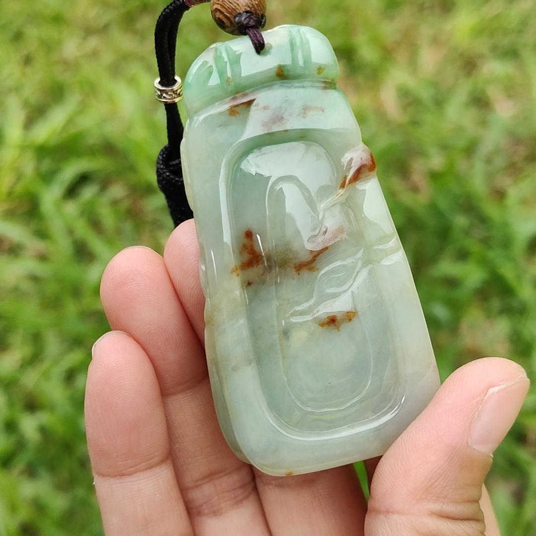 Green with Red Patches Natural Type A Jadeite Pendant Necklae Crafted with Old School Phoenix and ruyi with certificate weigh 50.24 grams, 67.7 * 35 * 11.8 mm, symbols of Good luck and a good life noble authority (pendant23) Yi Pin Qian