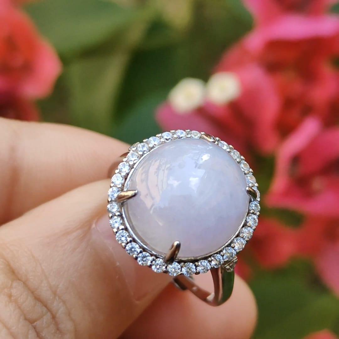 Lavender Cabochon set on S925 Silver adjustable ring Natural Type A Jadeite with QIC Labs approved certificate included weigh 3.99 grams, 13.8 * 12.3 * 5.7 mm suitable for all occasions (s925ring1) Yi Pin Qian