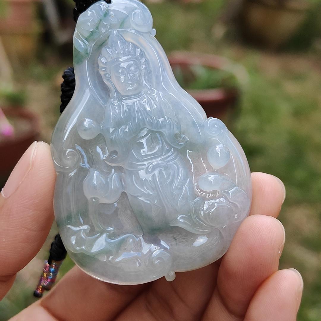 High Quality Light Lavender, Light Green with Yellow patches Natural Type A Jadeite Jade crafted with Guanyin as Pendant, certificate weigh 27.22 grams, measurement 63 * 44.3 * 6.8 mm (pendant229) Yi Pin Qian