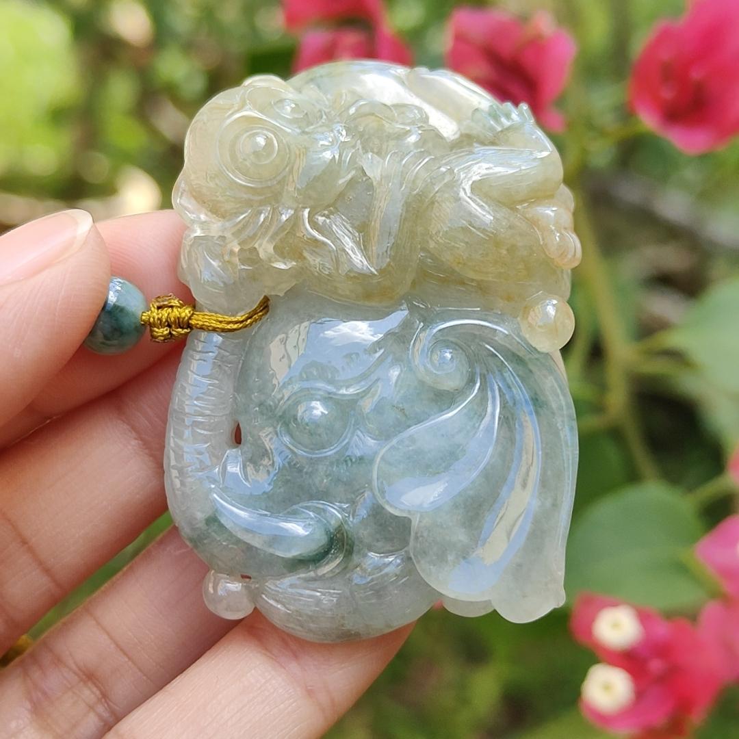 Light green and Yellow Natural Type A Jadeite Pendant, a rare collection carved with Monkey, Elephant and Ruyi, symbols of Wisdom, strength, authority, good luck and protection, certificate included weigh 47.85 grams, 55.7 * 36 * 13.8 mm (pendant74) Yi Pin Qian