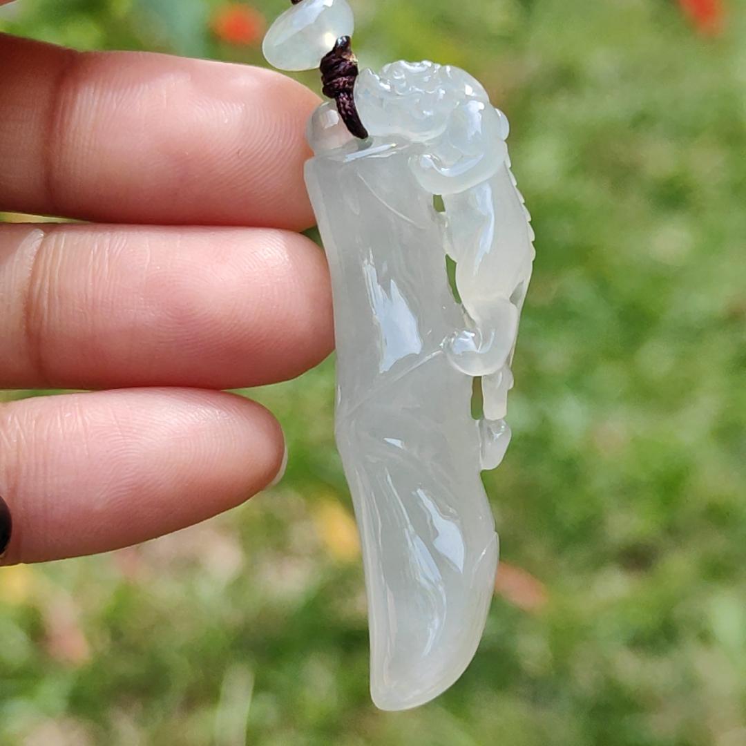 Premium Semi Icy with Light Green Hue Natural Type A Jadeite Jade crafted with Pixiu as a Pendant, certificate included weigh 12.61 grams, measurement 492. * 17.1 * 8.7 mm (pendant202) Yi Pin Qian