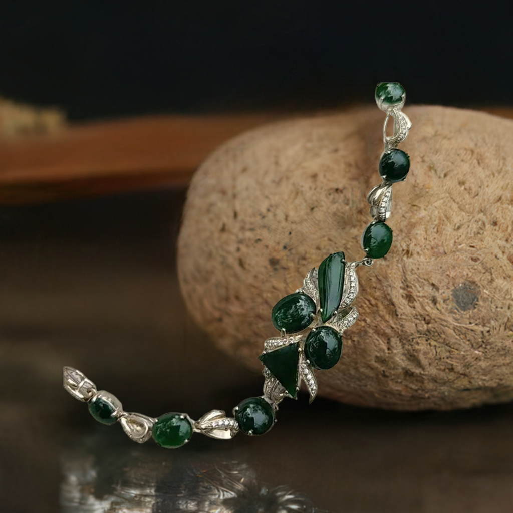 10 Dark Green Multi Shapes Cabochons crafted on Natural Type A Jadeite Jade set with High quality S925 as Bracelet, certificate weighs 7.66 grams (s925b6) Yi Pin Qian Jadeites Jade Jewelry ~Your Precious Quintessential ~ Singapore