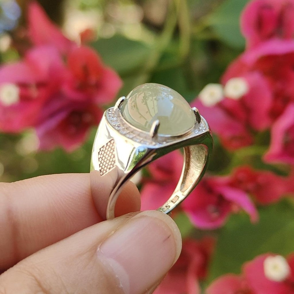 #Sold - Yellow Cabochon Natural Type A Jadeite Ring set with S925 silver, QIC approved labs certificate (s925ring3)
