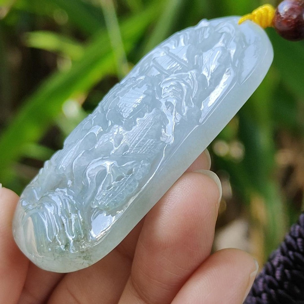 High Quality Bluish Green Hue Natural Type A Jadeite Jade crafted with sceneries as Pendant, certificate(pendant294) My Store