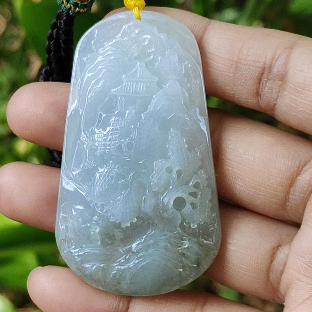 High Quality Bluish Green Hue Natural Type A Jadeite Jade crafted with sceneries as Pendant, certificate(pendant294) My Store