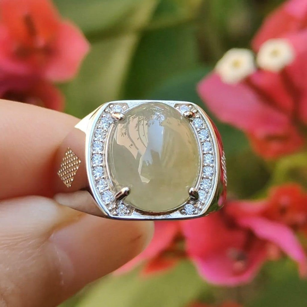 #Sold - Yellow Cabochon Natural Type A Jadeite Ring set with S925 silver, QIC approved labs certificate (s925ring3)