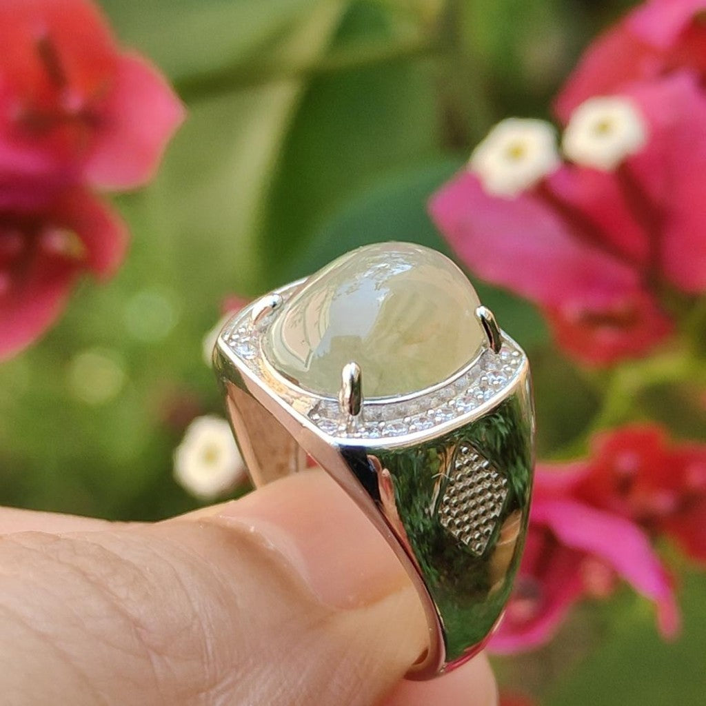 #Sold - Yellow Cabochon Natural Type A Jadeite Ring set with S925 silver, QIC approved labs certificate (s925ring3)