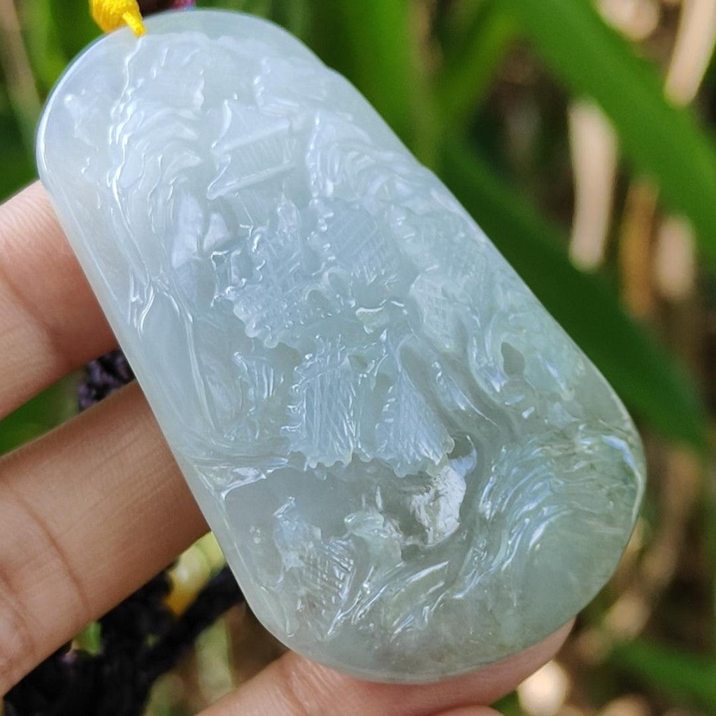 High Quality Bluish Green Hue Natural Type A Jadeite Jade crafted with sceneries as Pendant, certificate(pendant294) My Store