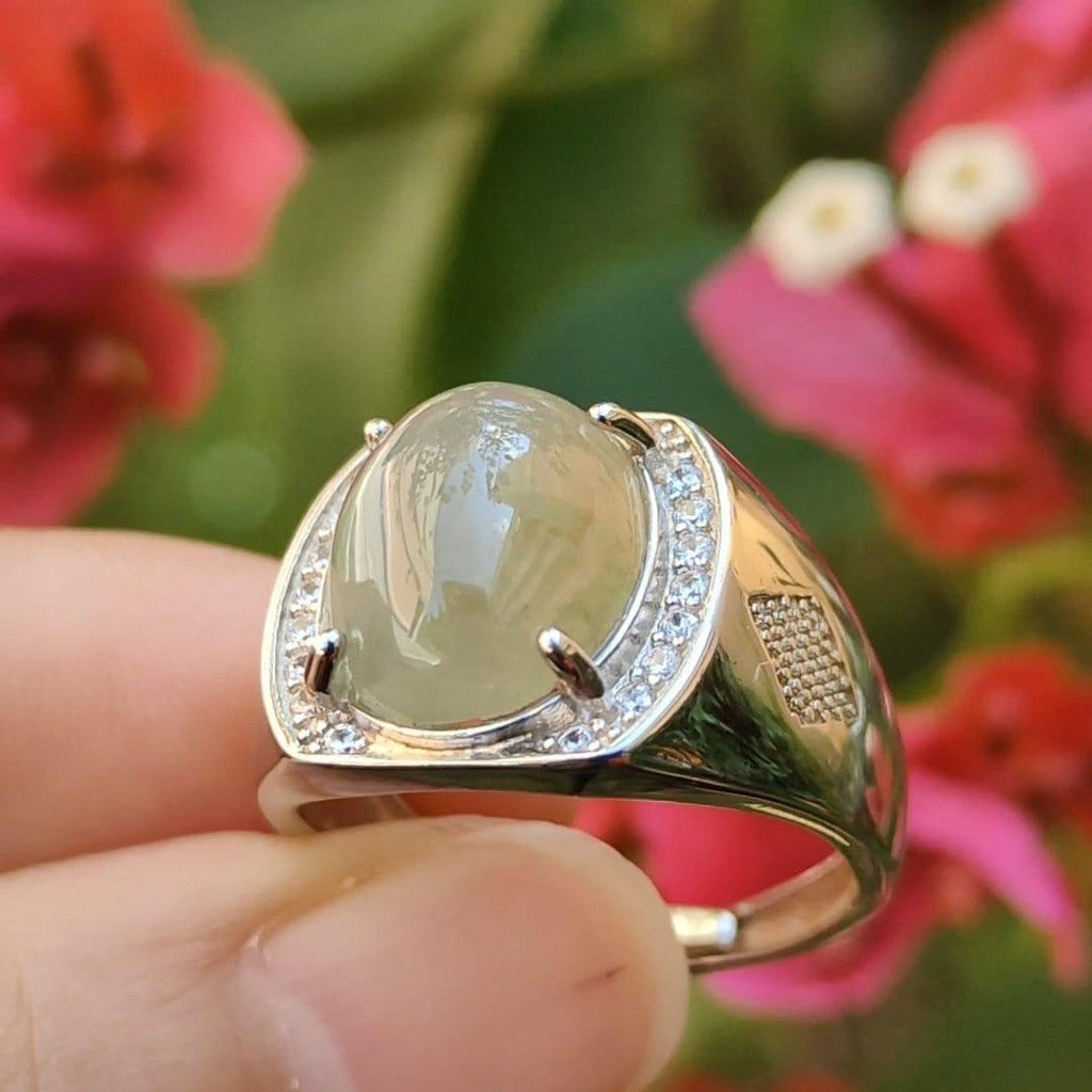 #Sold - Yellow Cabochon Natural Type A Jadeite Ring set with S925 silver, QIC approved labs certificate (s925ring3)
