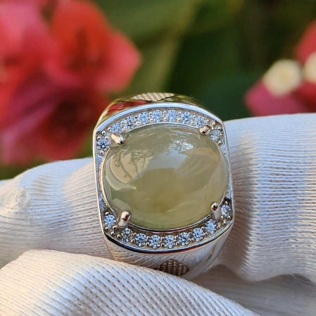 #Sold - Yellow Cabochon Natural Type A Jadeite Ring set with S925 silver, QIC approved labs certificate (s925ring3)