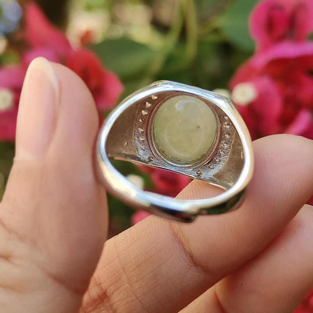 #Sold - Yellow Cabochon Natural Type A Jadeite Ring set with S925 silver, QIC approved labs certificate (s925ring3)