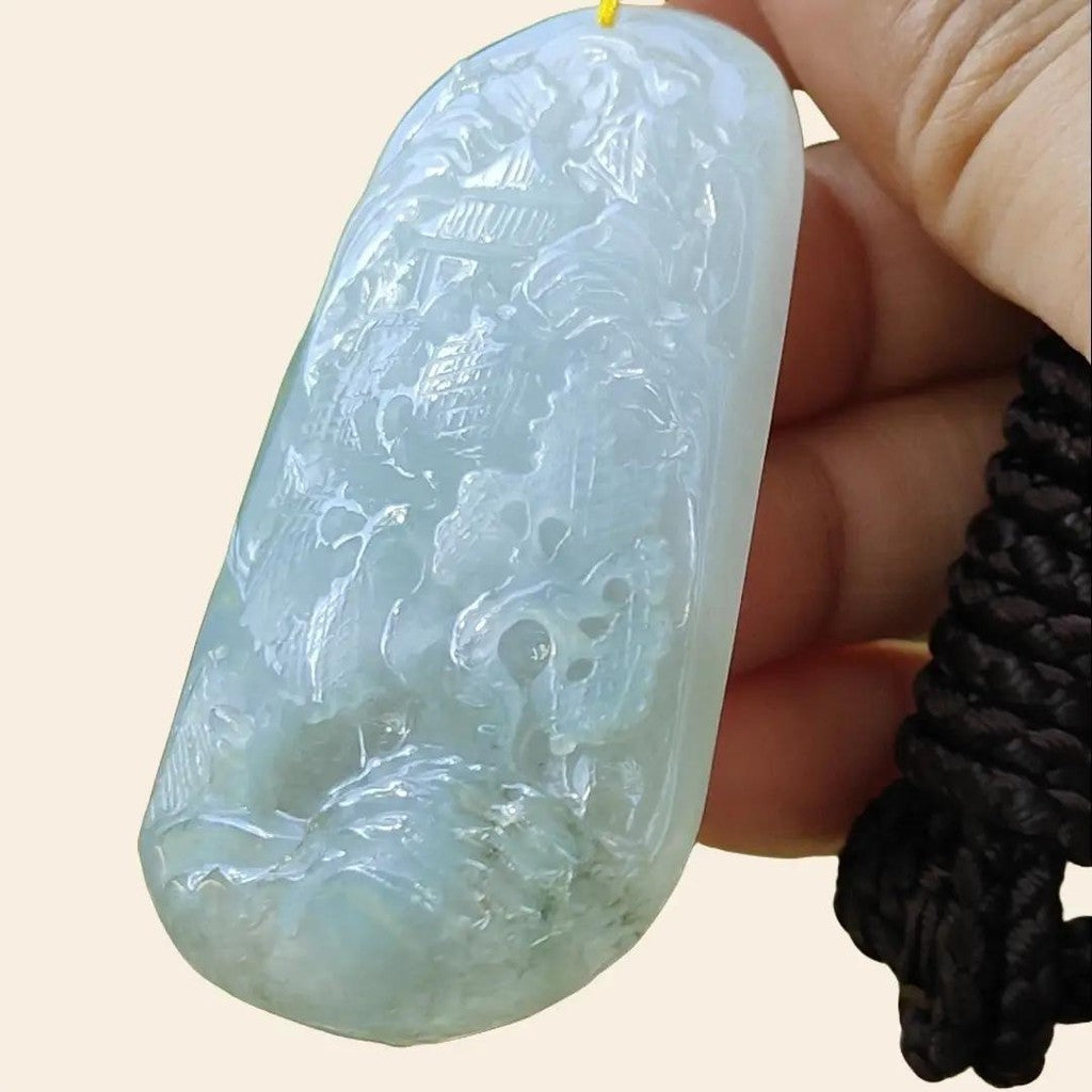High Quality Bluish Green Hue Natural Type A Jadeite Jade crafted with sceneries as Pendant, certificate(pendant294) My Store