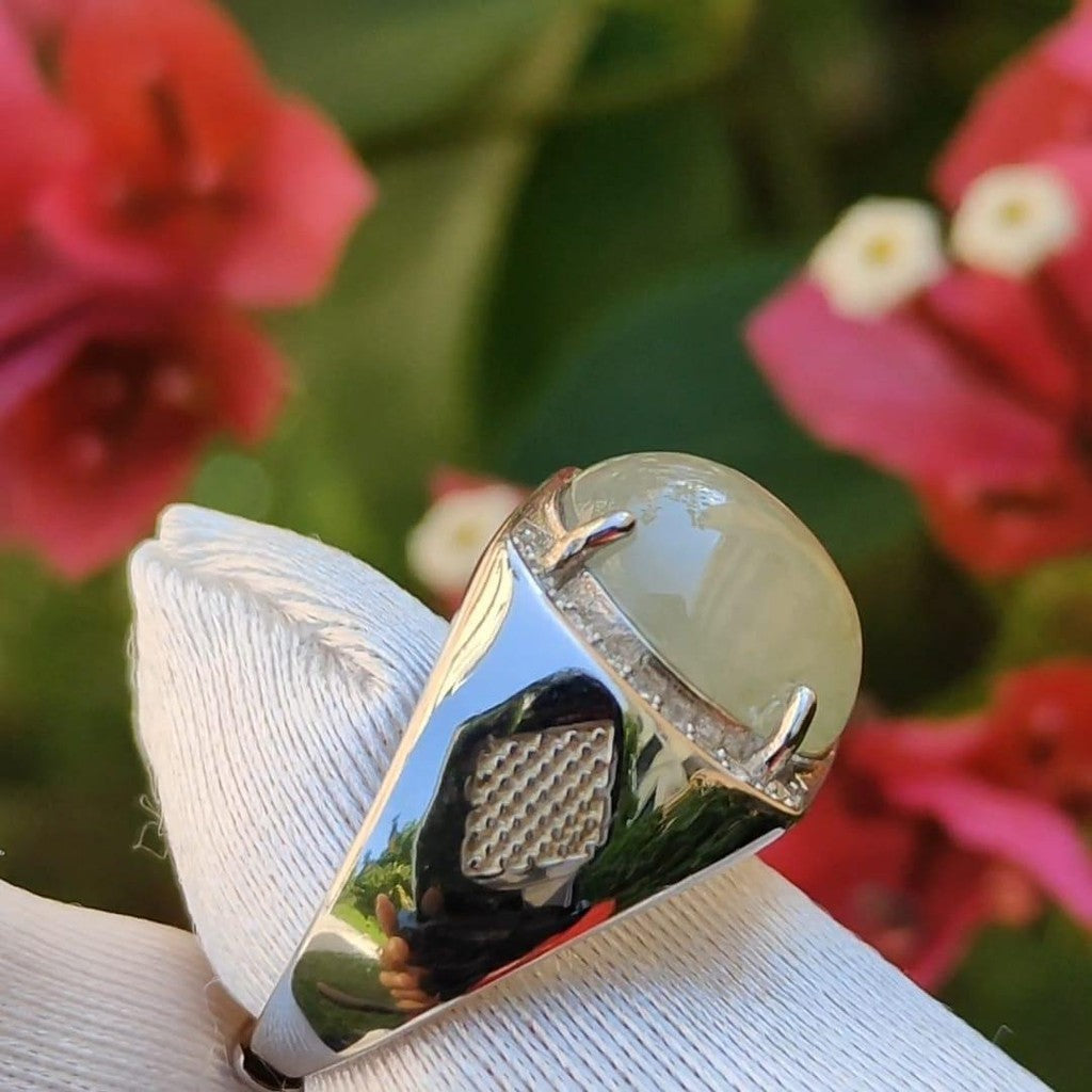 #Sold - Yellow Cabochon Natural Type A Jadeite Ring set with S925 silver, QIC approved labs certificate (s925ring3)