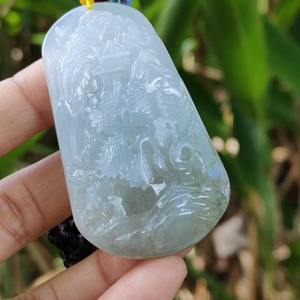High Quality Bluish Green Hue Natural Type A Jadeite Jade crafted with sceneries as Pendant, certificate(pendant294) My Store