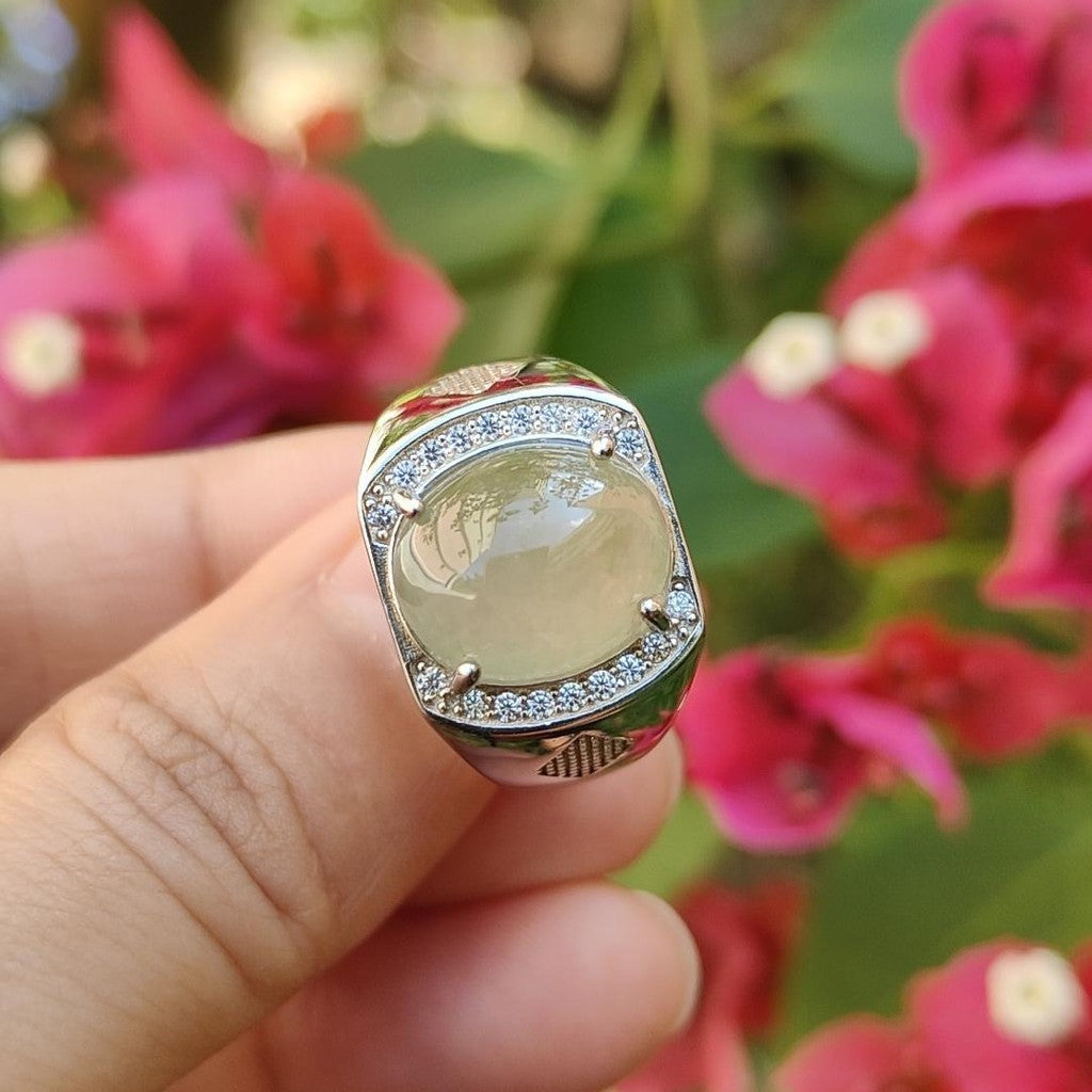 #Sold - Yellow Cabochon Natural Type A Jadeite Ring set with S925 silver, QIC approved labs certificate (s925ring3)