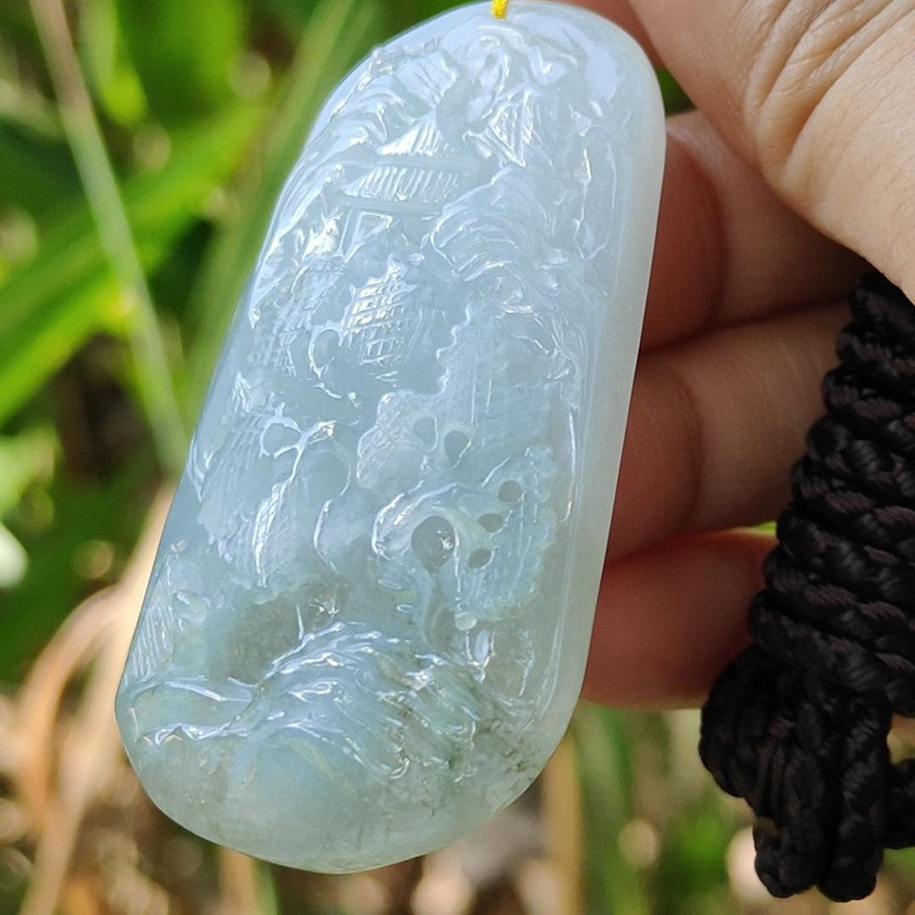 High Quality Bluish Green Hue Natural Type A Jadeite Jade crafted with sceneries as Pendant, certificate(pendant294) My Store
