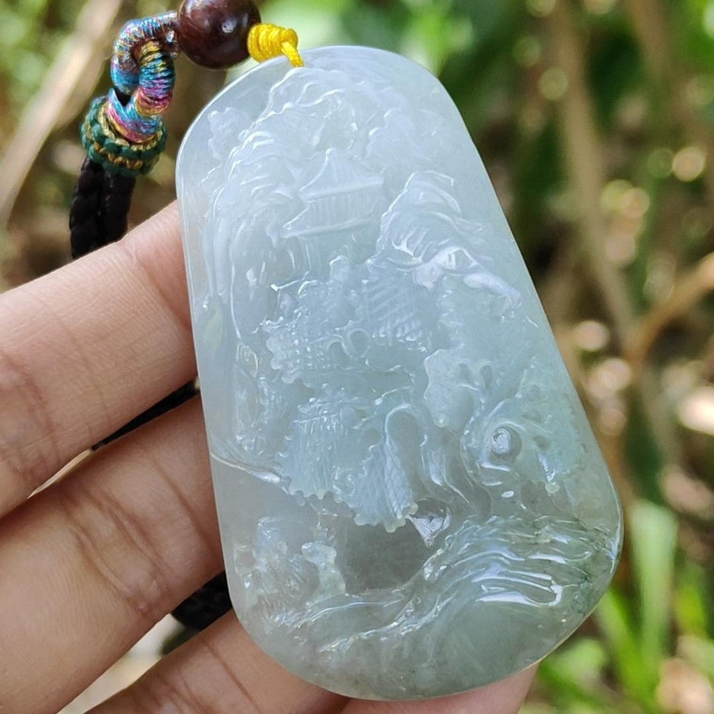 High Quality Bluish Green Hue Natural Type A Jadeite Jade crafted with sceneries as Pendant, certificate(pendant294) My Store