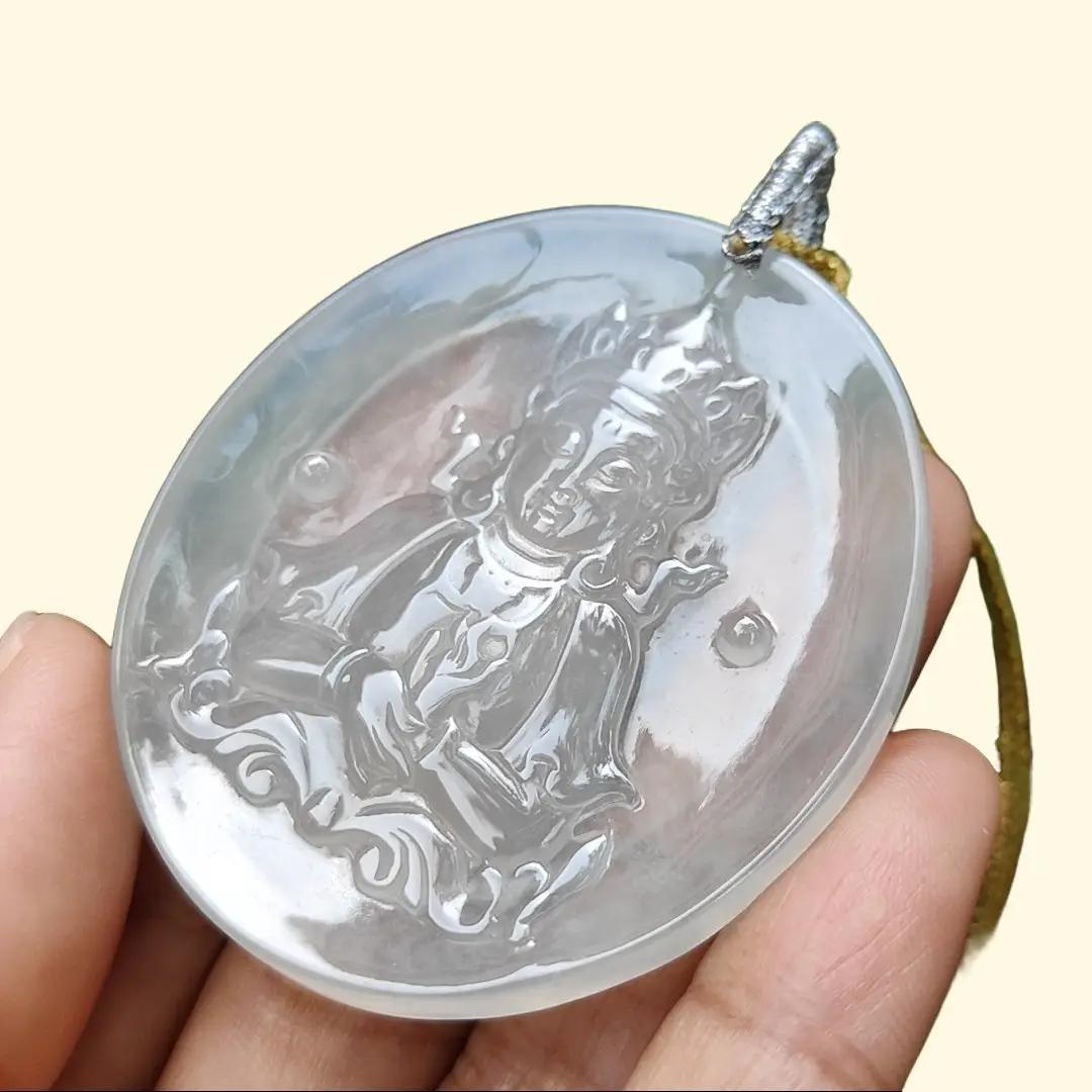Super Rare ~ Old Collection #2 ~ Crafted as Guanyin Pendant on High Translucent Natural Type A Jadeite Jade certificate weighs 24.35 grams, measurement 52.3 * 46.3 * 4.3 mm (pendant363)