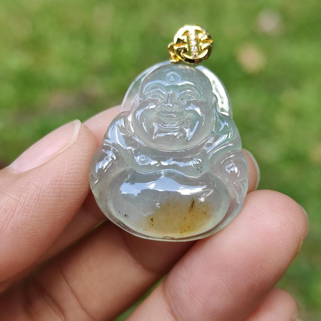 Rare Old Pit Icy Translucent with Yellow and Light Green Hue Collectible Natural Type A Jadeite Jade crafted as Milo Buddha added with 18k Gold Clasp as Pendant, certificate weighs 6.09 grams, measurement 26.8 * 23.2 * 6 mm (18kp63) Yi Pin Qian Jadeites Jade Jewelry ~Your Precious Quintessential ~ Singapore