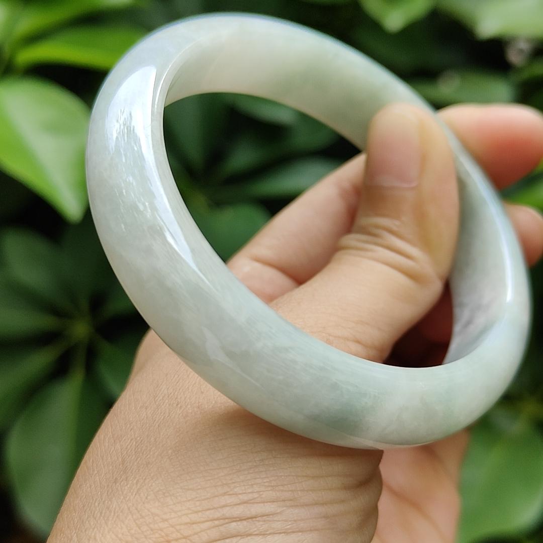 57.8mm, Width 13.7 * Thickness 7.8 mm Peace Bangle Light Green Hue with Brownish Yellow Natural Type A Jadeite Jade certificate weighs 59.44 grams (bangle20) Yi Pin Qian Jadeites Jade Jewelry ~Your Precious Quintessential ~ Singapore