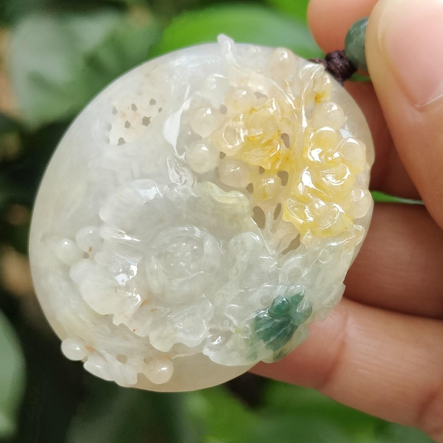 Rare Old Collection Old School Flowers Pendant Yellow and Green Natural Type A Jadeite Jade certificate weighs 42.61 grams, measurement 46.8 * 40.8 * 13.2 mm (pendant387) Yi Pin Qian Jadeites Jade Jewelry ~Your Precious Quintessential ~ Singapore
