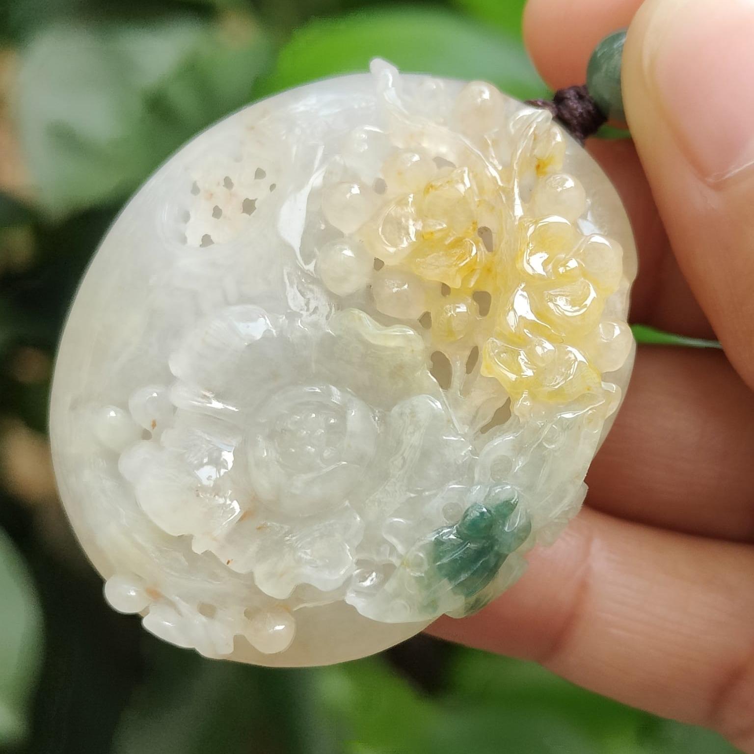 Rare Old Collection Old School Flowers Pendant Yellow and Green Natural Type A Jadeite Jade certificate weighs 42.61 grams, measurement 46.8 * 40.8 * 13.2 mm (pendant387) Yi Pin Qian Jadeites Jade Jewelry ~Your Precious Quintessential ~ Singapore