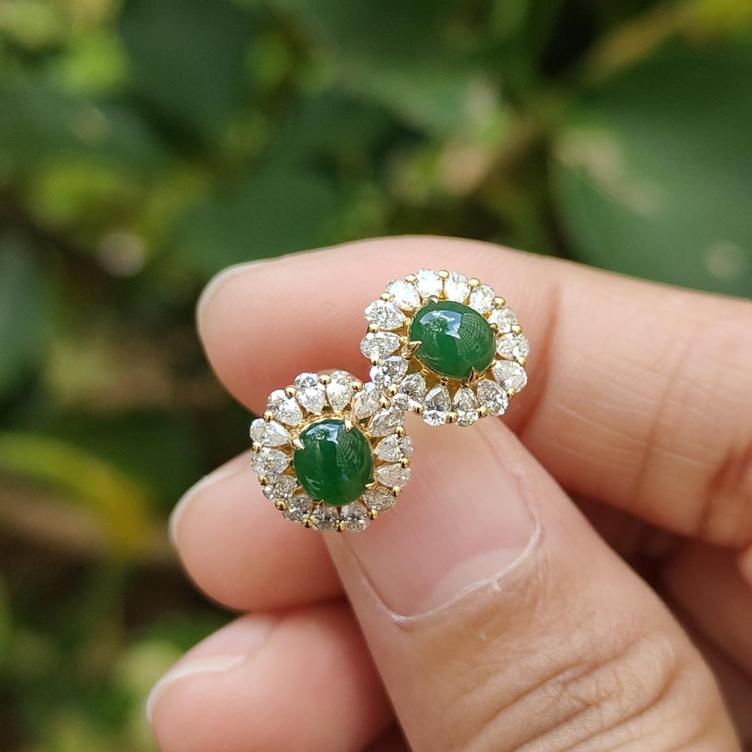 Latest New Arrival Premium High-Quality Pair of Green Cabochons Stud Earrings set on 18k gold on Natural Type A Jadeite Jade certificate weighs 2.19 grams (18kp03) Yi Pin Qian Jadeites Jade Jewelry ~Your Precious Quintessential ~ Singapore